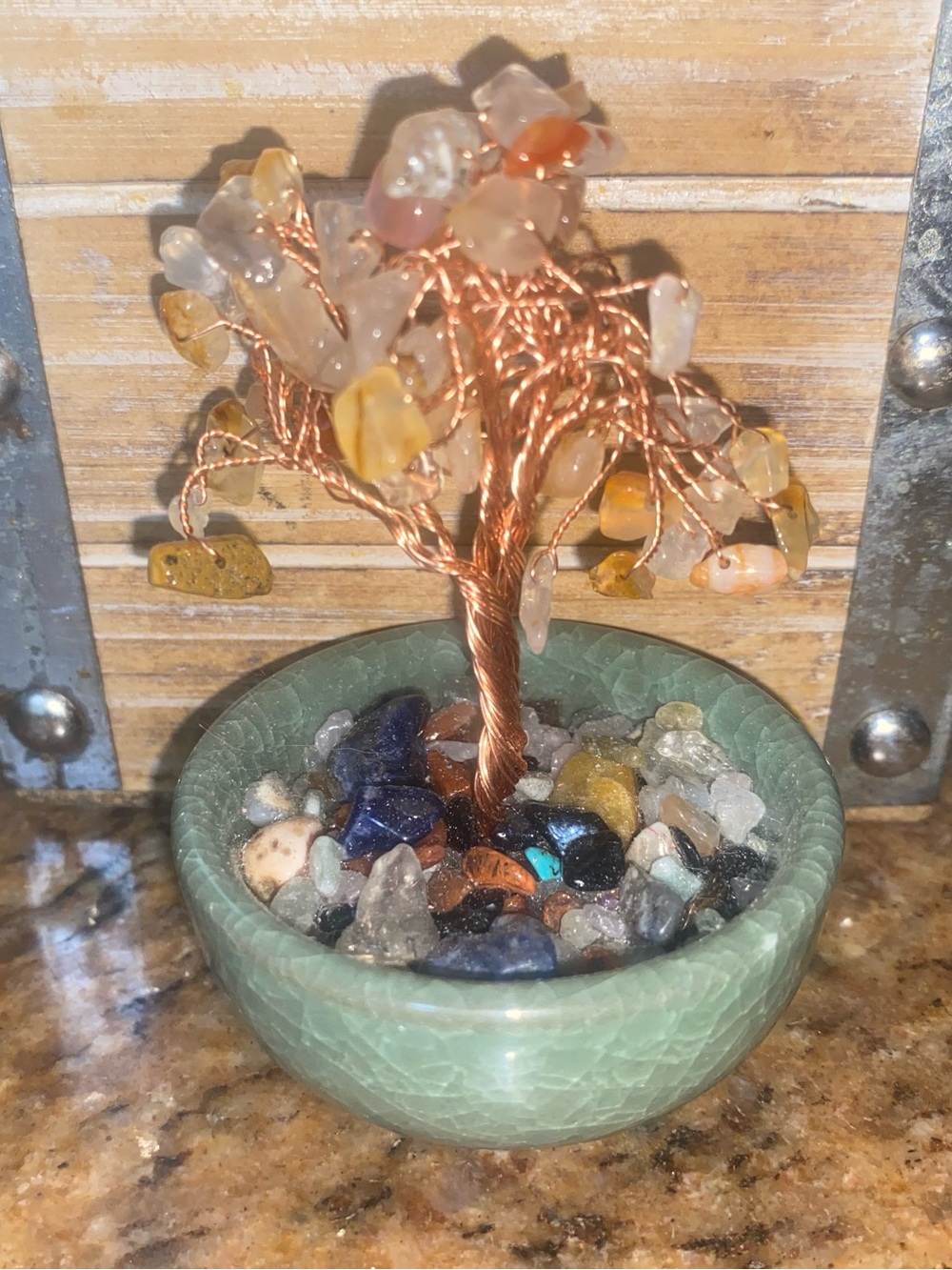 Copper Wire Gemstone Tree in Green Ceramic Bowl